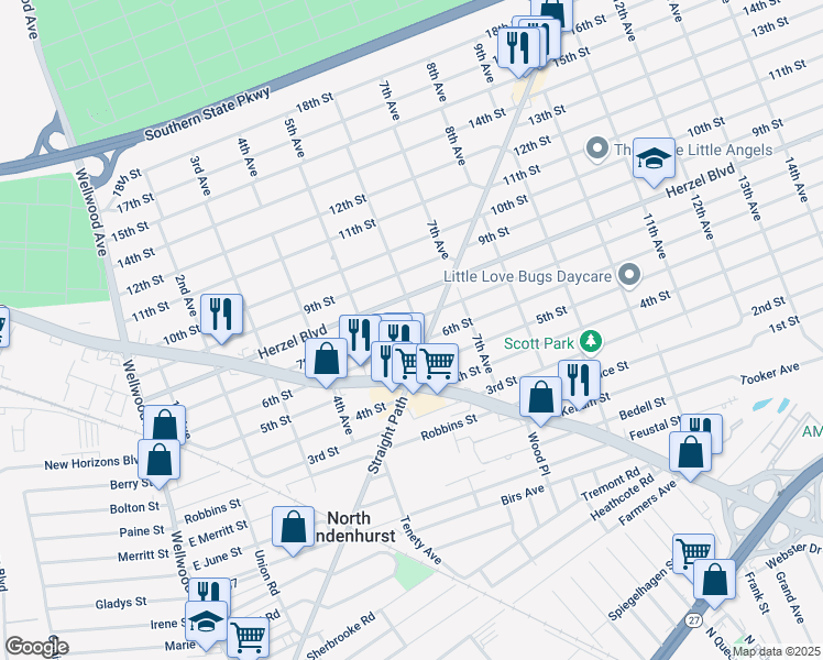 map of restaurants, bars, coffee shops, grocery stores, and more near 125 6th Avenue in West Babylon