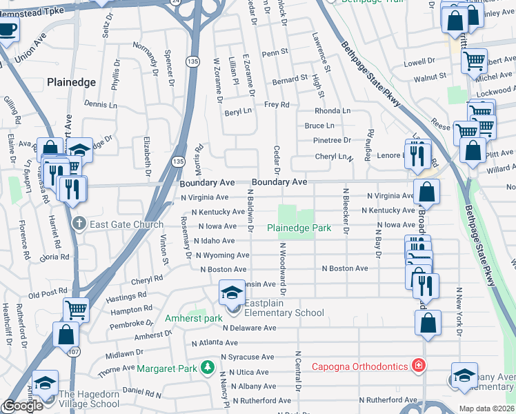 map of restaurants, bars, coffee shops, grocery stores, and more near 335 North Kentucky Avenue in Massapequa