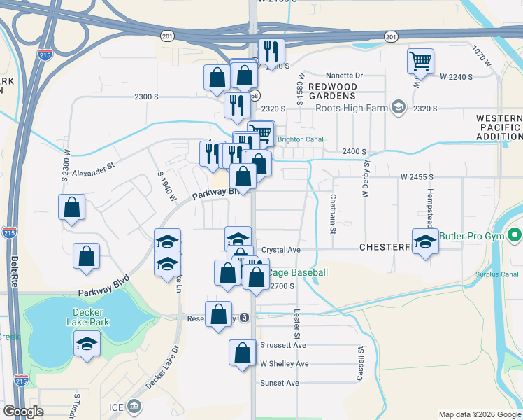 map of restaurants, bars, coffee shops, grocery stores, and more near 1666 West Warnock Avenue in West Valley City