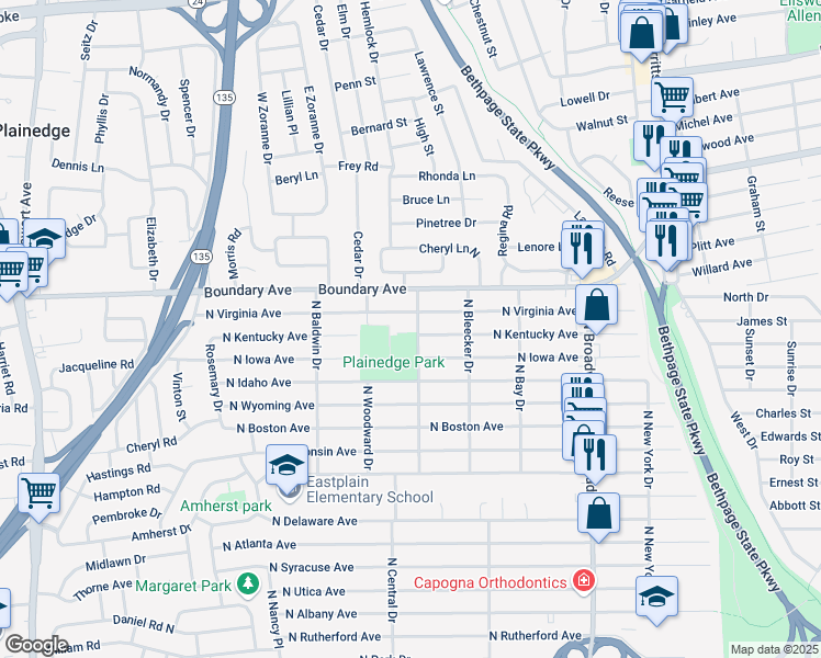 map of restaurants, bars, coffee shops, grocery stores, and more near 447 North Central Drive in Massapequa