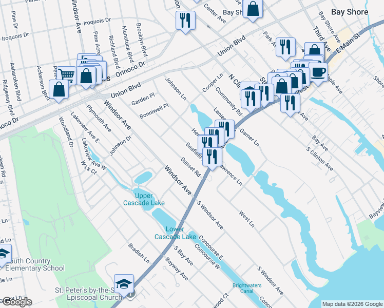 map of restaurants, bars, coffee shops, grocery stores, and more near 16 Seafield Lane in Bay Shore