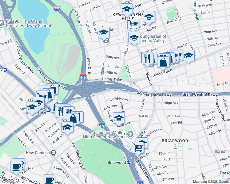 map of restaurants, bars, coffee shops, grocery stores, and more near 13530 Union Turnpike in Queens