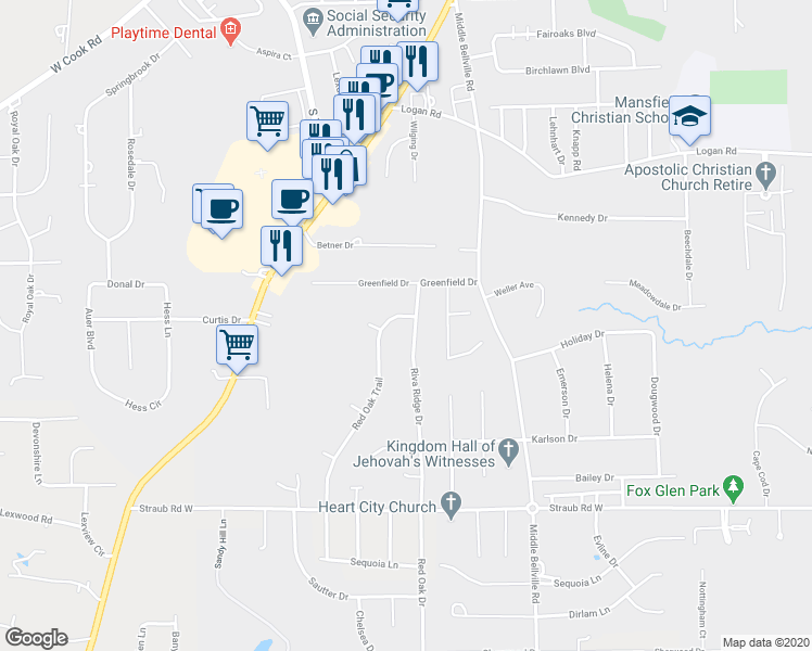 map of restaurants, bars, coffee shops, grocery stores, and more near 821 Red Oak Trail in Mansfield