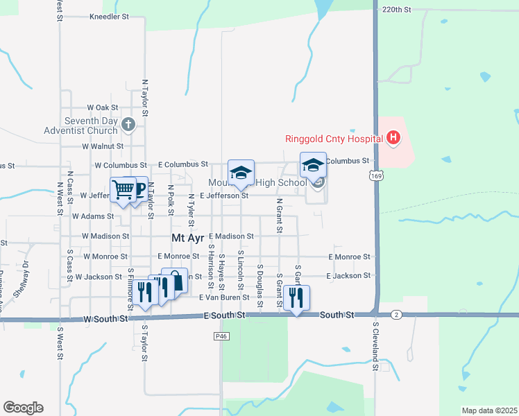 map of restaurants, bars, coffee shops, grocery stores, and more near 607 East Jefferson Street in Mount Ayr