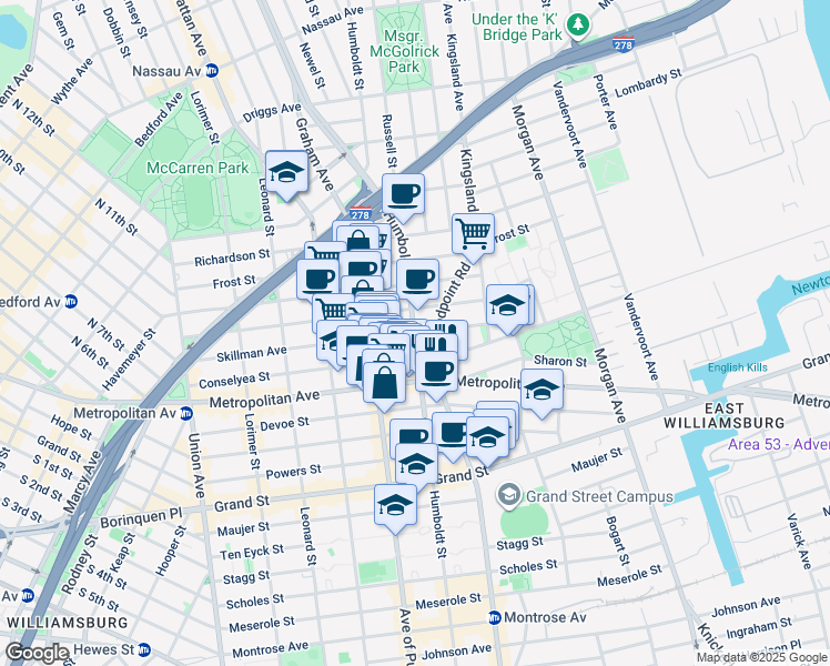 map of restaurants, bars, coffee shops, grocery stores, and more near Humboldt St & Skillman Ave in Brooklyn
