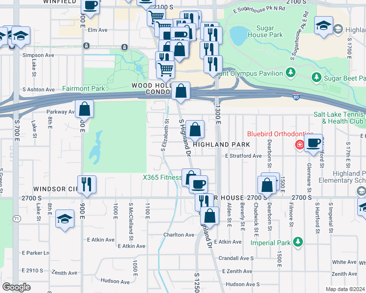 map of restaurants, bars, coffee shops, grocery stores, and more near 2562 Highland Drive in Salt Lake City