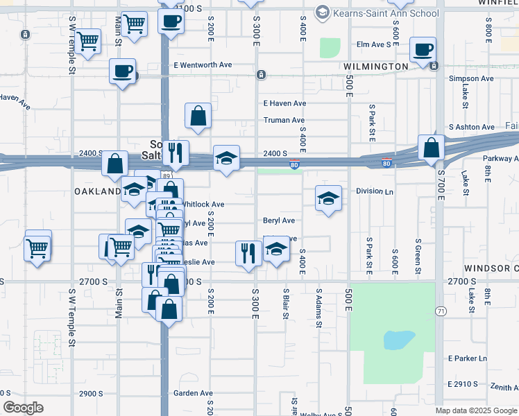 map of restaurants, bars, coffee shops, grocery stores, and more near 2519 South 300 East in Salt Lake City
