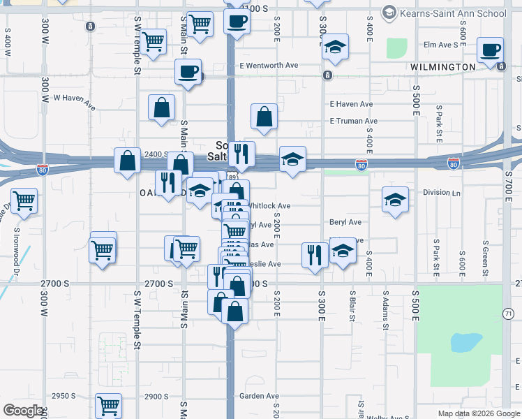 map of restaurants, bars, coffee shops, grocery stores, and more near 150 East Whitlock Avenue in South Salt Lake