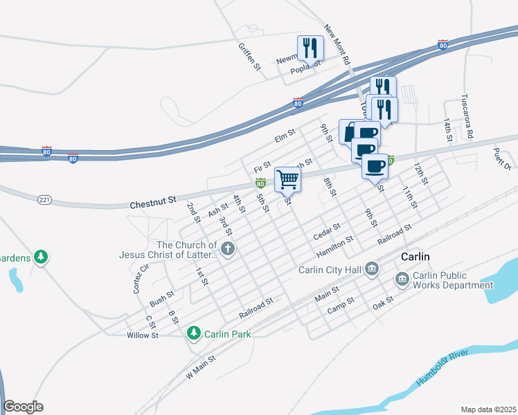 map of restaurants, bars, coffee shops, grocery stores, and more near 572 5th Street in Carlin