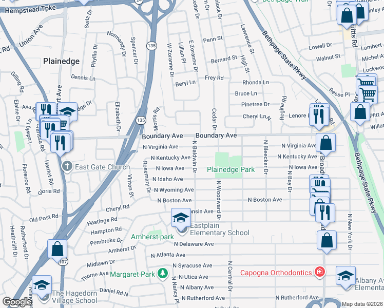 map of restaurants, bars, coffee shops, grocery stores, and more near 335 North Kentucky Avenue in Massapequa