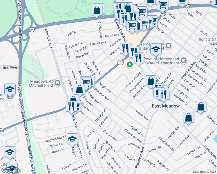 map of restaurants, bars, coffee shops, grocery stores, and more near 181 Maple Avenue in East Meadow