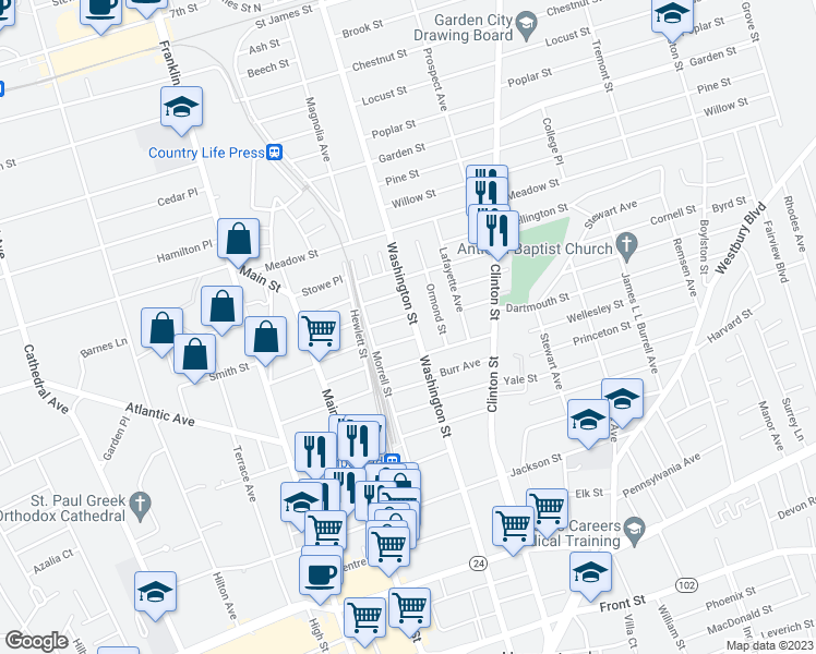 map of restaurants, bars, coffee shops, grocery stores, and more near 31 Morton Avenue in Hempstead