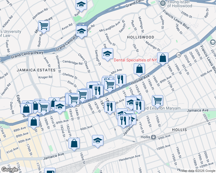 map of restaurants, bars, coffee shops, grocery stores, and more near 188-11 Hillside Avenue in Queens