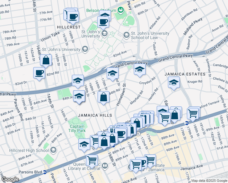 map of restaurants, bars, coffee shops, grocery stores, and more near 170-02 84th Road in Queens