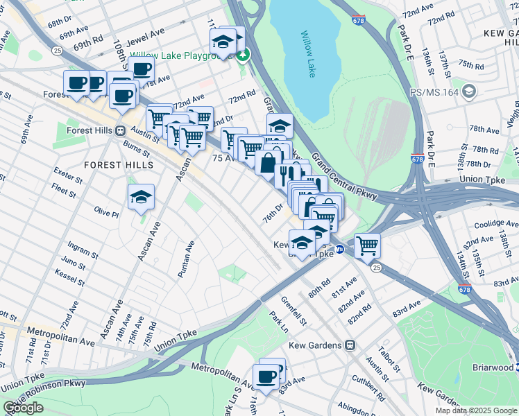 map of restaurants, bars, coffee shops, grocery stores, and more near 111-20 76th Road in Queens