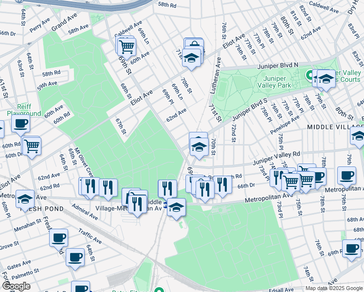 map of restaurants, bars, coffee shops, grocery stores, and more near 69-01 Juniper Boulevard South in Queens