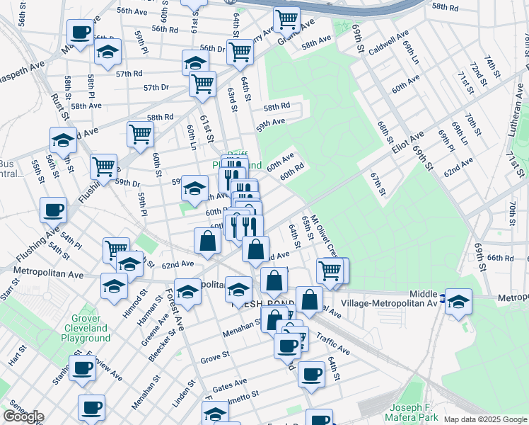 map of restaurants, bars, coffee shops, grocery stores, and more near 62-29 60th Drive in Queens
