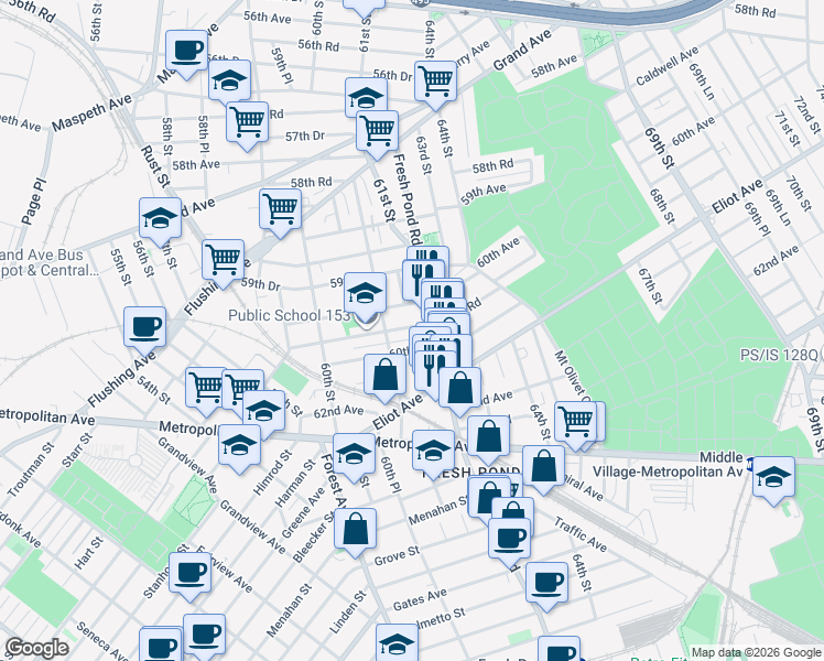 map of restaurants, bars, coffee shops, grocery stores, and more near in Queens