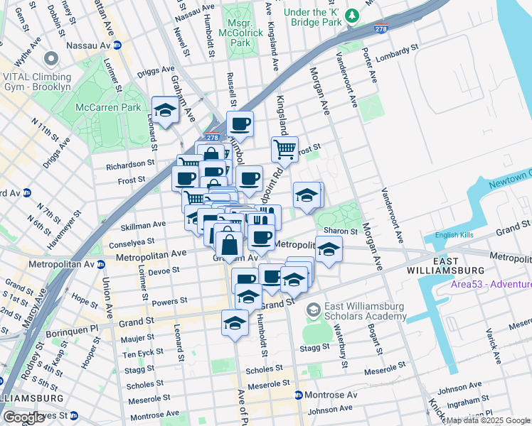 map of restaurants, bars, coffee shops, grocery stores, and more near 220 Skillman Avenue in Brooklyn