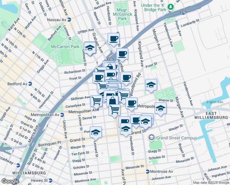 map of restaurants, bars, coffee shops, grocery stores, and more near 176 Skillman Avenue in Brooklyn
