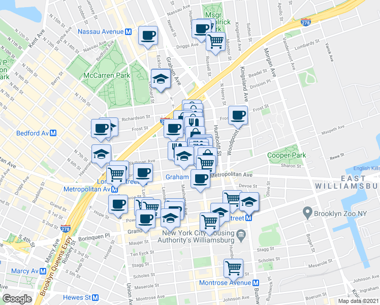 map of restaurants, bars, coffee shops, grocery stores, and more near 141 Skillman Avenue in Brooklyn
