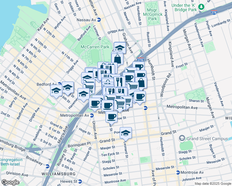 map of restaurants, bars, coffee shops, grocery stores, and more near 76 Jackson Street in Brooklyn