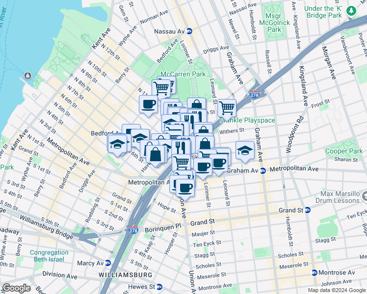 map of restaurants, bars, coffee shops, grocery stores, and more near in Brooklyn