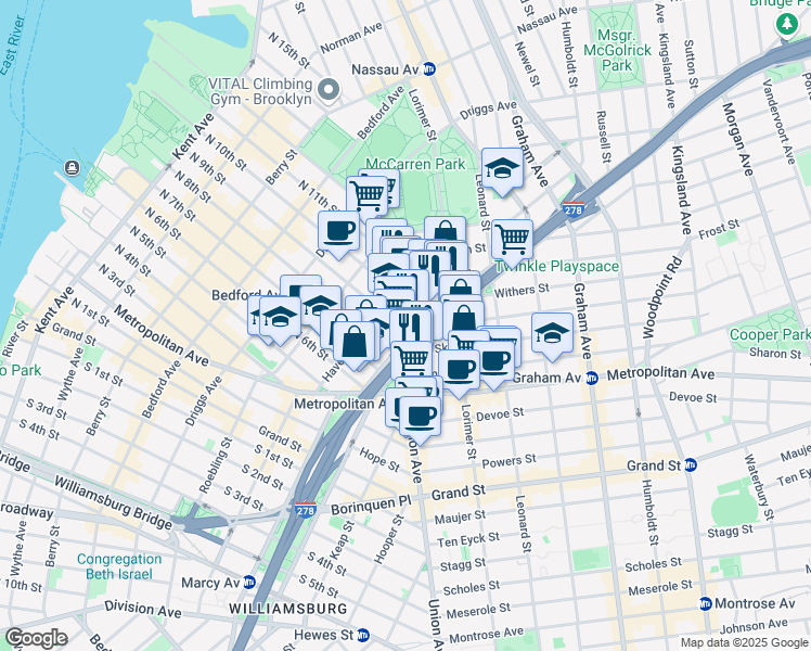 map of restaurants, bars, coffee shops, grocery stores, and more near in Brooklyn