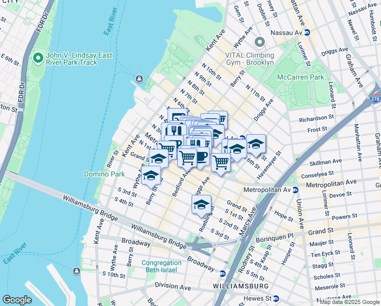 map of restaurants, bars, coffee shops, grocery stores, and more near 256 Bedford Avenue in Brooklyn