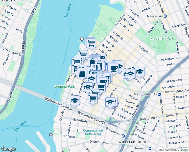 map of restaurants, bars, coffee shops, grocery stores, and more near 88 North 1st Street in Brooklyn