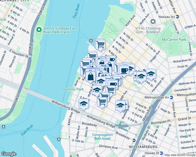 map of restaurants, bars, coffee shops, grocery stores, and more near 88 North 1st Street in Brooklyn