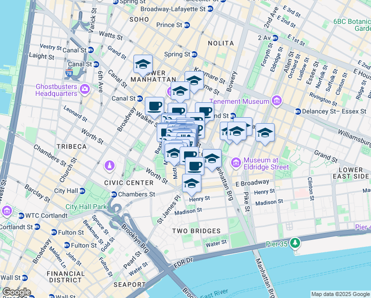 map of restaurants, bars, coffee shops, grocery stores, and more near 64 Mott Street in New York