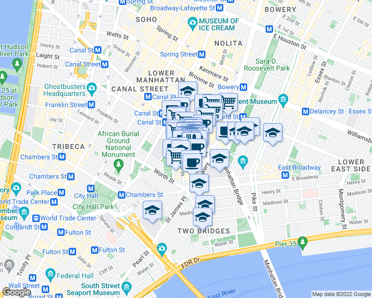 map of restaurants, bars, coffee shops, grocery stores, and more near 64 Mott Street in New York