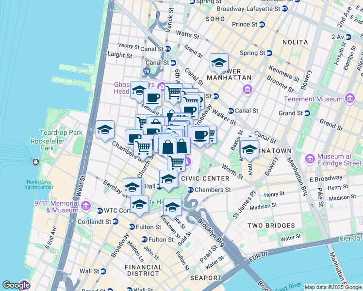 map of restaurants, bars, coffee shops, grocery stores, and more near 12 Thomas Street in New York
