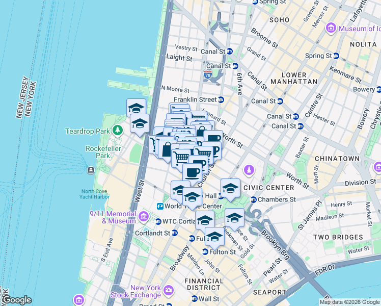 map of restaurants, bars, coffee shops, grocery stores, and more near 155 Chambers Street in New York