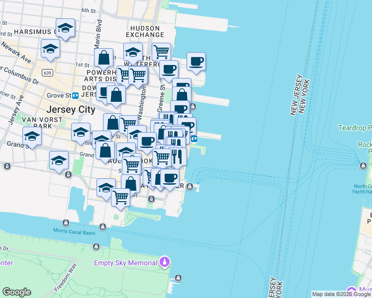 map of restaurants, bars, coffee shops, grocery stores, and more near in Jersey City