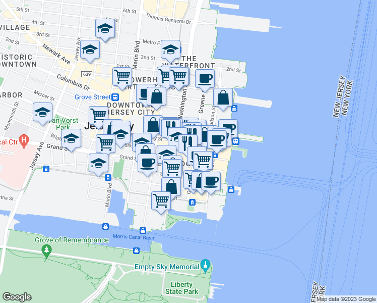 map of restaurants, bars, coffee shops, grocery stores, and more near in Jersey City