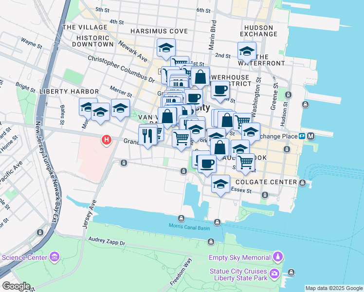 map of restaurants, bars, coffee shops, grocery stores, and more near in Jersey City