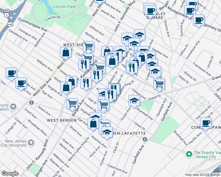 map of restaurants, bars, coffee shops, grocery stores, and more near in Jersey City