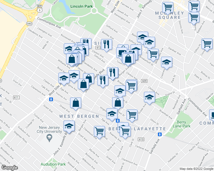 map of restaurants, bars, coffee shops, grocery stores, and more near 218 Union Street in Jersey City