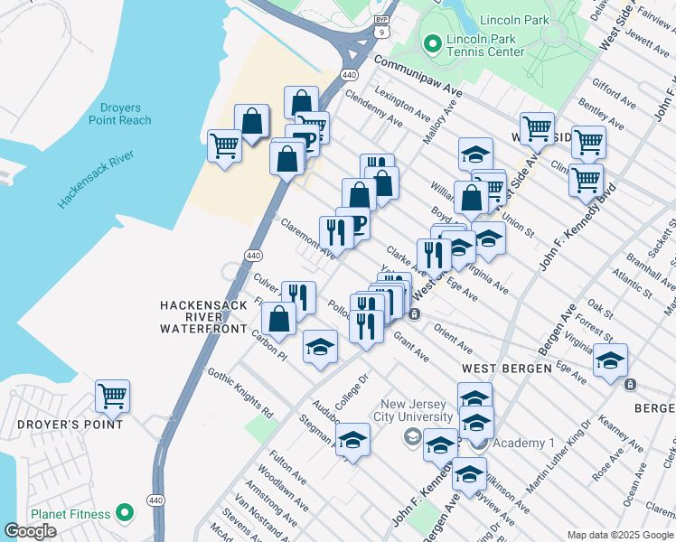 map of restaurants, bars, coffee shops, grocery stores, and more near 55 Mallory Avenue in Jersey City