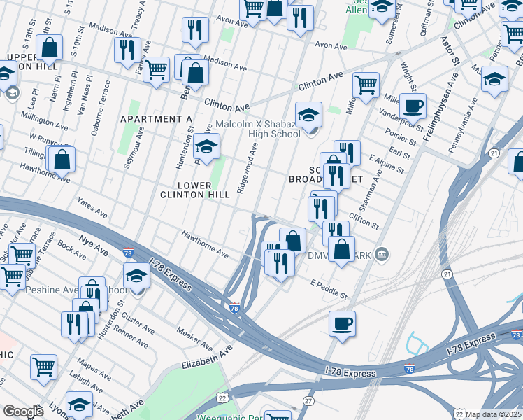 map of restaurants, bars, coffee shops, grocery stores, and more near 67 West Runyon Street in Newark