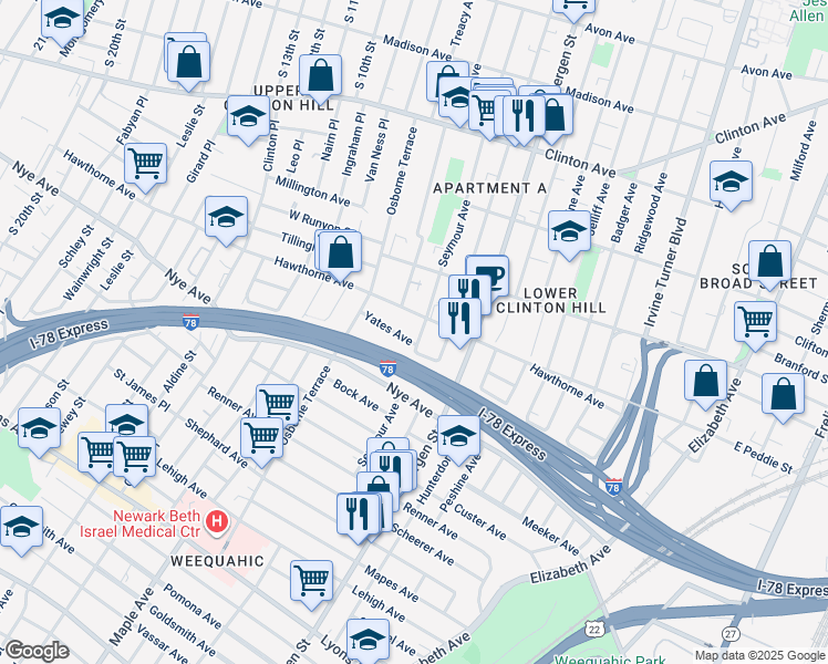 map of restaurants, bars, coffee shops, grocery stores, and more near 271 Seymour Avenue in Newark
