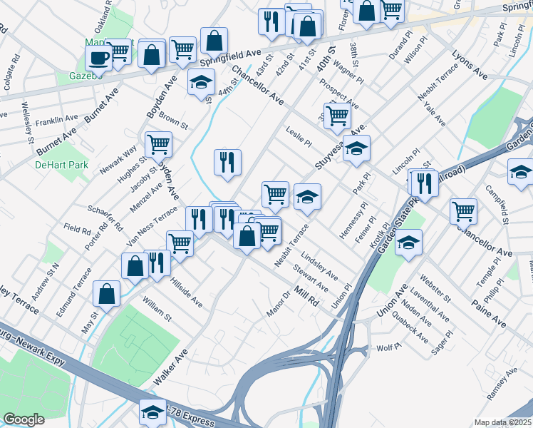 map of restaurants, bars, coffee shops, grocery stores, and more near 998 Stuyvesant Avenue in Irvington
