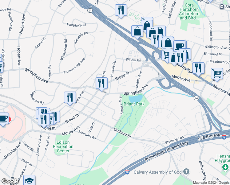 map of restaurants, bars, coffee shops, grocery stores, and more near 91 Springfield Avenue in Summit