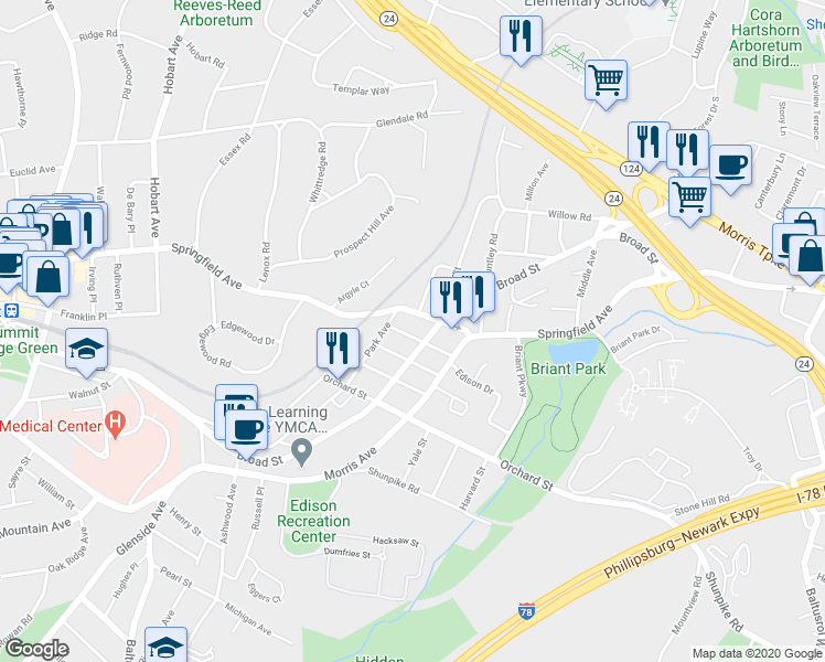 map of restaurants, bars, coffee shops, grocery stores, and more near 107 Broad Street in Summit