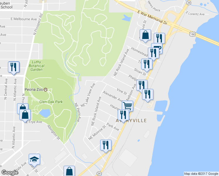 map of restaurants, bars, coffee shops, grocery stores, and more near 722 Alexander Avenue in Peoria