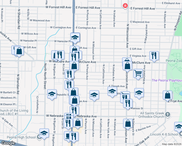 map of restaurants, bars, coffee shops, grocery stores, and more near 310 East Archer Avenue in Peoria