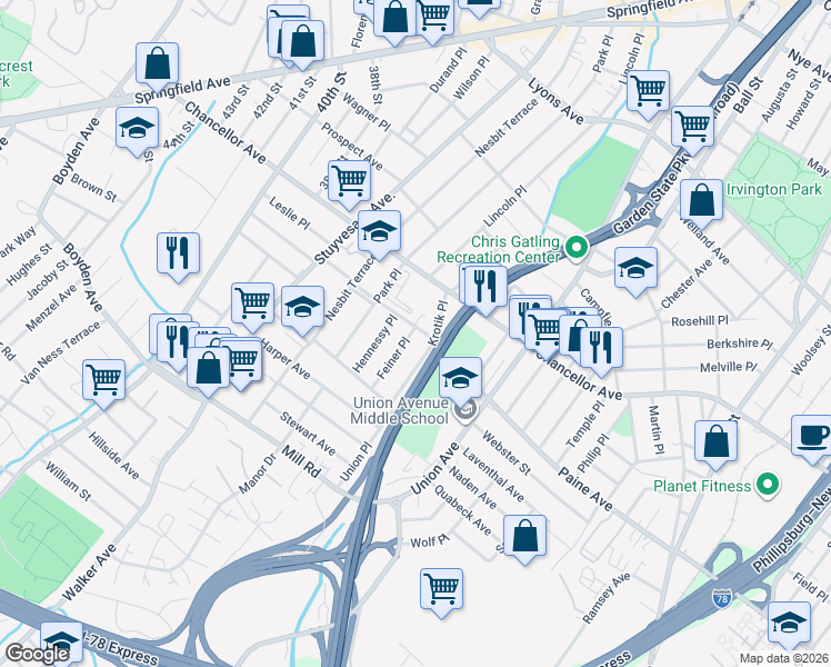 map of restaurants, bars, coffee shops, grocery stores, and more near 22 Glorieux Street in Irvington