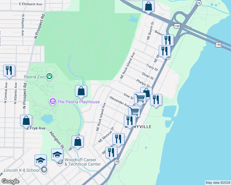 map of restaurants, bars, coffee shops, grocery stores, and more near 725 Vine Street in Peoria